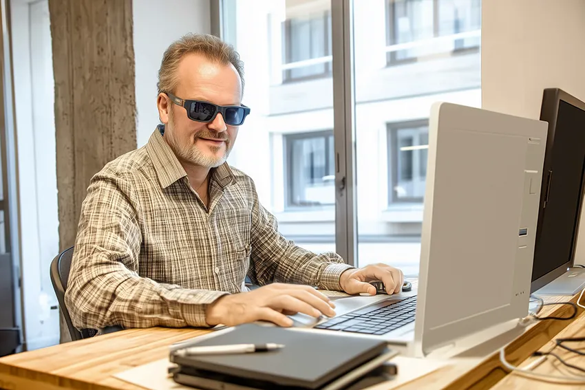 Bild 1 im Slider: Ein Blinder arbeitet im Büro an einem Computer.