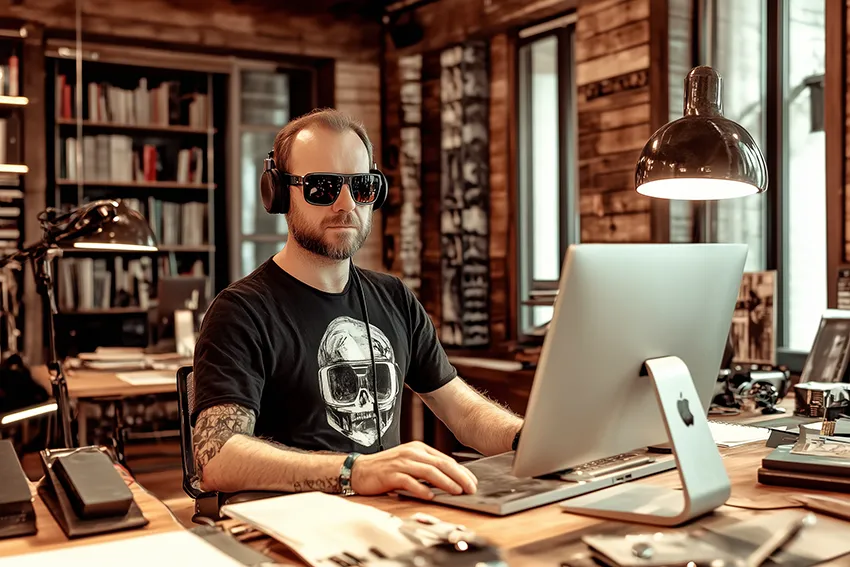 Bild 7 im Slider: Ein blinder Mann arbeitet bei sich zuhause an einem Computer.