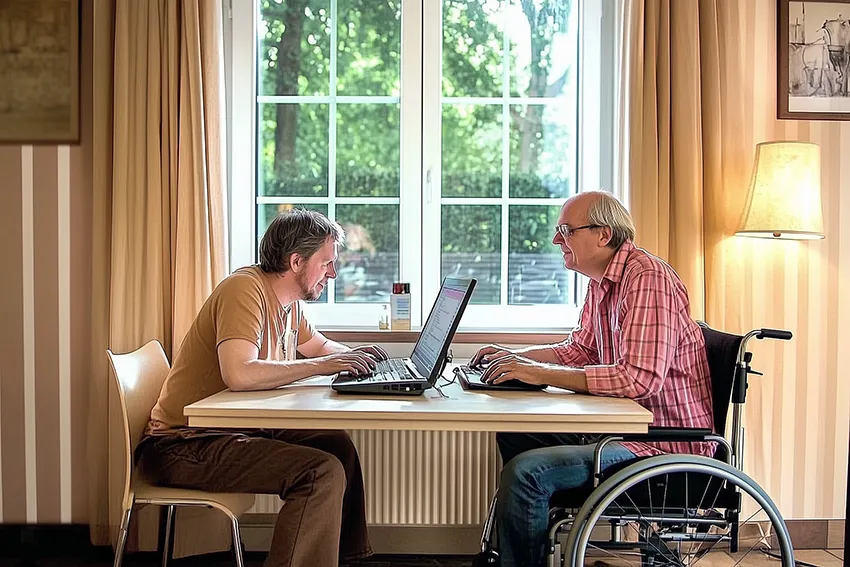 Bild 5 im Slider: Ein junnger und ein älterer Mann sitzen in einer Wohnung am Fenster an einem Tisch an zwei Computern. Der ältere Herr sitzt in einem Rollstuhl.
